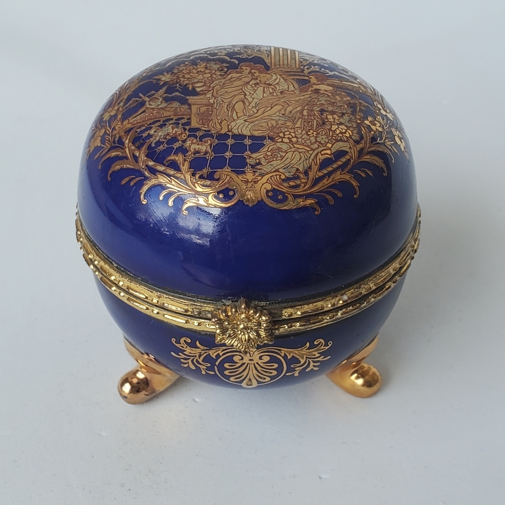 Vintage Limoges Trinket Box Cobalt Blue Gold Accents Collectible Porcelain